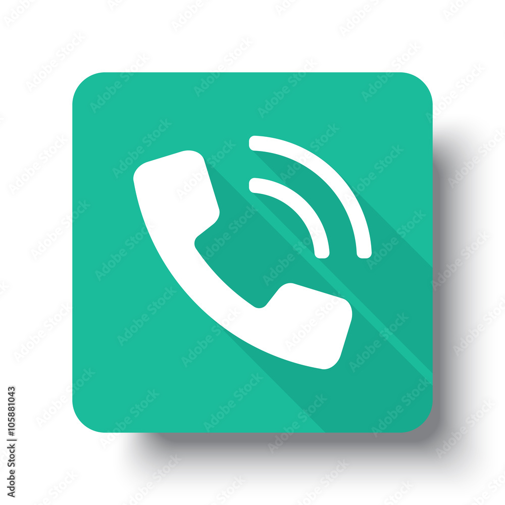 Wall mural flat white phone web icon on green button with drop shadow