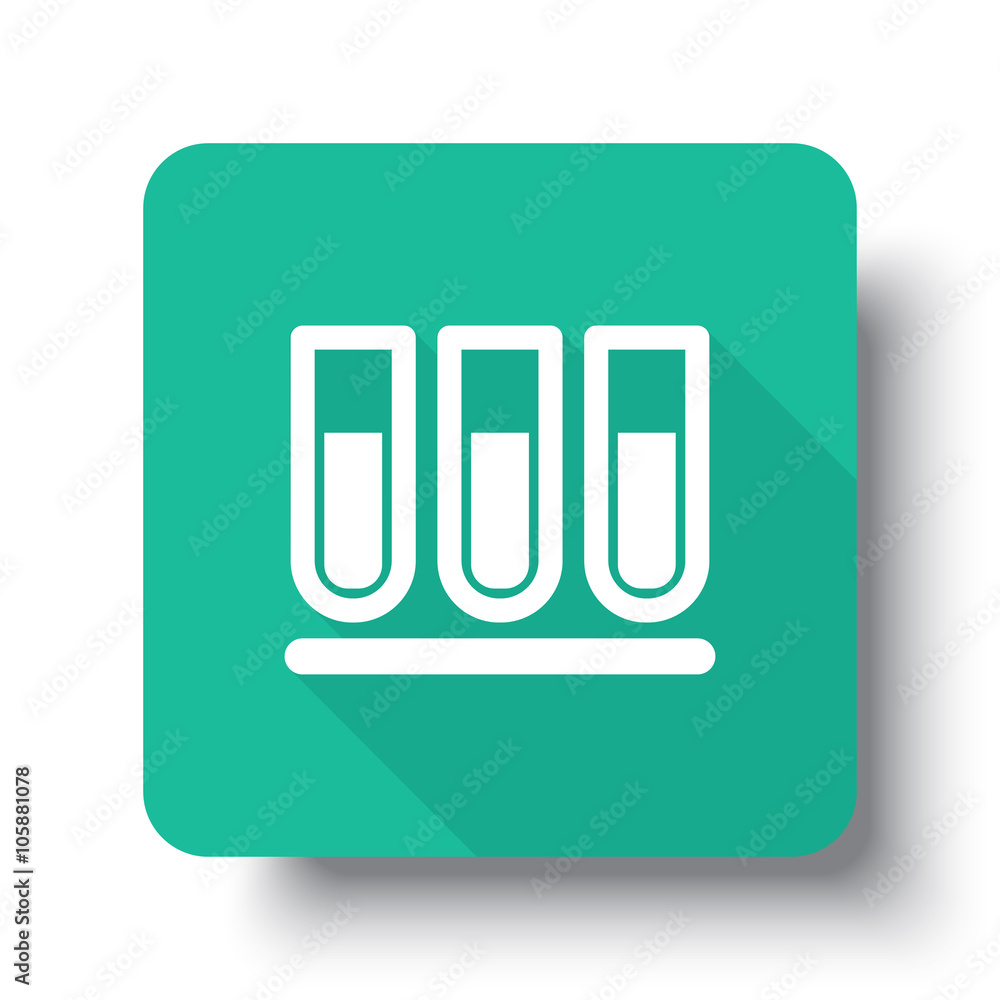 Wall mural flat white test tube web icon on green button with drop shadow