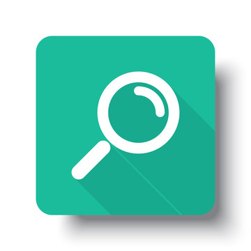 Flat white Magnifying Glass web icon on green button with drop s