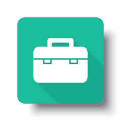 Flat white Briefcase web icon on green button with drop shadow