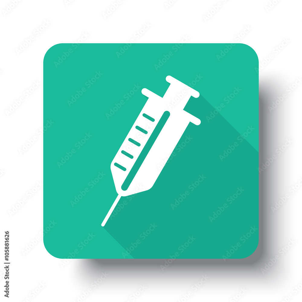 Wall mural flat white syringe web icon on green button with drop shadow