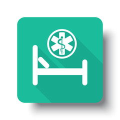 Flat white Hospital Bed web icon on green button with drop shado