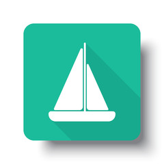 Flat white Sailboat web icon on green button with drop shadow