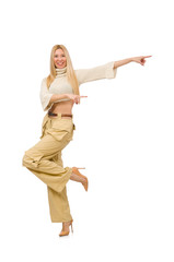 Pretty woman in beige trousers isolated on white