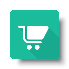 Flat white Shopping Cart web icon on green button with drop shad