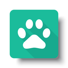 Flat white Paw Print web icon on green button with drop shadow