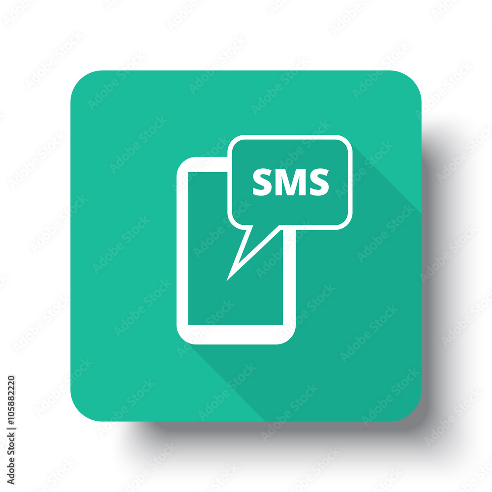 Wall mural flat white sms web icon on green button with drop shadow
