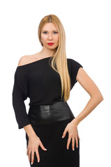 Woman in black evening dress isolated on white