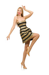 Naklejka premium Woman in striped gold and black dress isolated on white