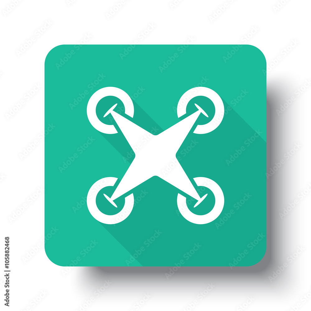 Wall mural flat white drone quadcopter web icon on green button with drop s