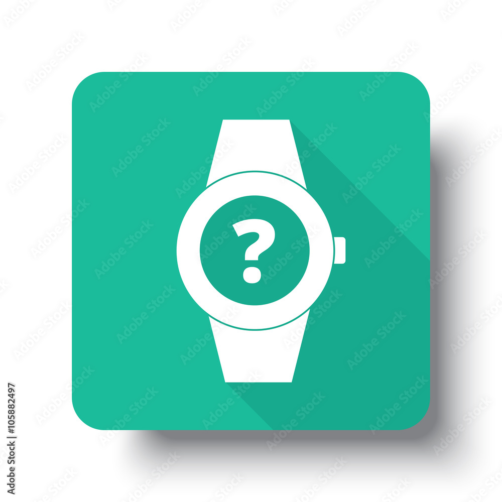 Wall mural flat white time question web icon on green button with drop shad
