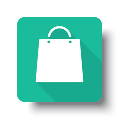 Flat white Shopping Bag web icon on green button with drop shado