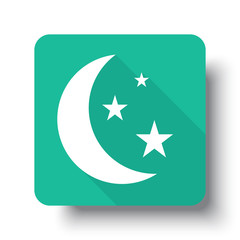 Flat white Moon And Stars web icon on green button with drop sha