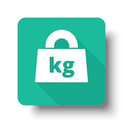 Flat white Weight Kilograms web icon on green button with drop s
