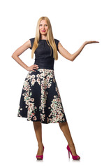 Fototapeta premium Woman in black floral dress isolated on white