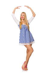 Caucasian woman in plaid blue dress isolated on white