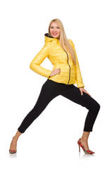 Fototapeta premium Caucasian woman in yellow jacket isolated on white