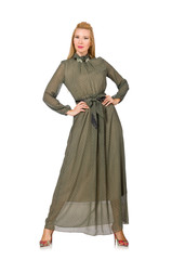 Fototapeta premium Blond hair woman in long green dress isolated on white