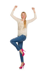 Blond hair woman posing in blue jeans isolated on white