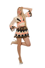 Blond hair model wearing designer clothes isolated on white