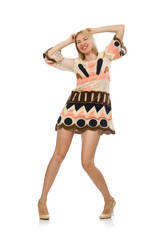 Blond hair model wearing designer clothes isolated on white