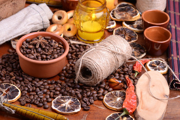 coffee beans and candle. lemon and cinnamon. anise and aroma spice