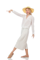 Blond hair model in elegant flared pants isolated on white