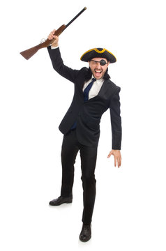 Pirate businessman holding weapon isolated on white