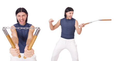 Funny karate fighter with nunchucks on white