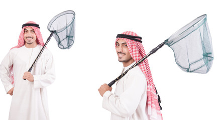 Arab man with catching net isolated on white