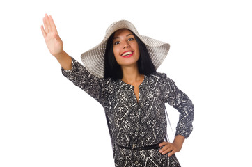 Fototapeta premium Black hair woman in long gray dress isolated on white