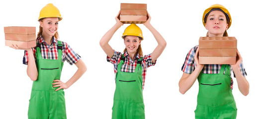 Woman with bricks isolated on white