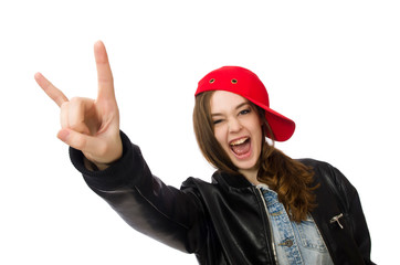 Pretty girl in leather jacket isolated on white