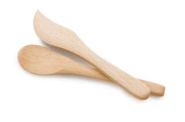 knife and spoon made from wooden on white background