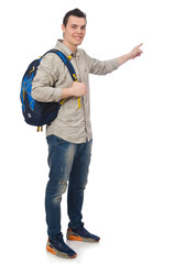 Naklejka premium Smiling caucasian student with backpack isolated on white