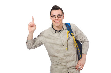Smiling caucasian student with backpack isolated on white