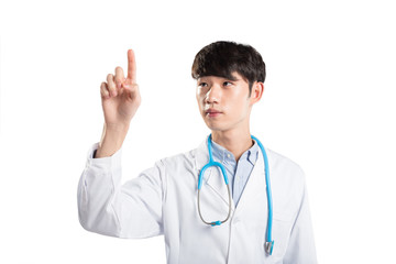 isolated young man doctor in white on white background