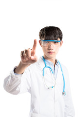 isolated young man doctor in white on white background