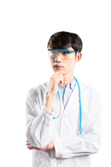 isolated young man doctor in white on white background