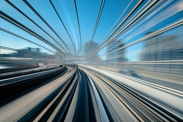 Fototapeta na wymiar A blurred motion on the railway in Tokyo, Shiodome district.