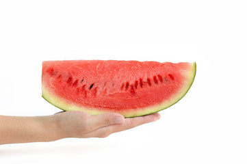 Hand with slice of watermelon on white background