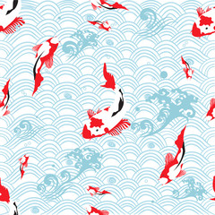 Seamless pattern oriental texture with koi carp ; vector illustration