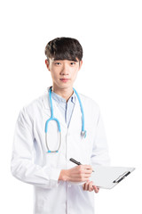 isolated young man doctor in white on white background