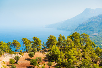 Top view of the sea and coast with rocks near the village Banyalbfar. Majorca. Balearic Islands. Spain