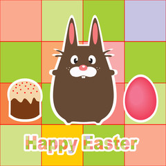 Пасхальный кролик, пасхальный кулич и пасхальное яйцо на фоне разноцветных квадратов. Векторная иллюстрация.