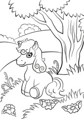 Coloring pages. Little cute pony seating on the field near the tree.