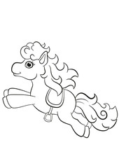 Coloring pages. Little cute pony running and smiling.