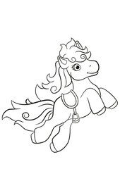 Coloring pages. Little cute pony jumping and smiling. She is beautiful.