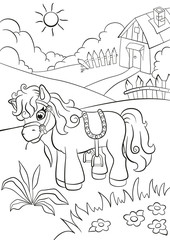Coloring pages. Little cute pony eating grass on the farm. Little village house in behind.