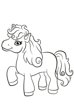 Coloring pages. Little cute pony stands and smiles.